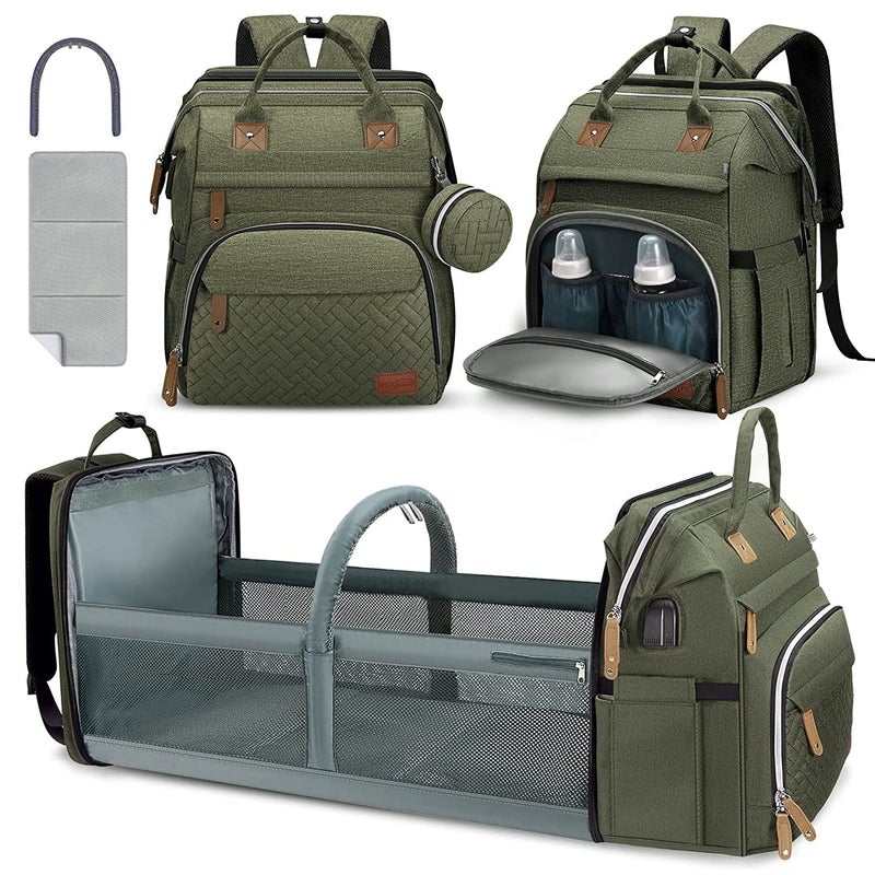 Baby Diaper Bag Backpack with ChangingStation-Large Capacity Baby Bag for Boys & Girls, USBCharging Port, Pacifier Case, sunshade & Toy Bar,Waterproof， Forest